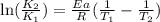 \ln( \frac{K_2}{K_1} ) =  \frac{Ea}{R} ( \frac{1}{T_1}- \frac{1}{T_2}  )