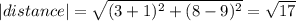 |distance|=\sqrt{(3+1)^2+(8-9)^2}=\sqrt{17}