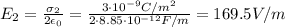 E_2 =\frac{\sigma_2}{2 \epsilon _0}= \frac{3\cdot 10^{-9} C/m^2}{2 \cdot 8.85\cdot 10^{-12} F/m}= 169.5 V/m