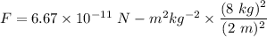 F=6.67\times 10^{-11}\ N-m^2kg^{-2}\times\dfrac{(8\ kg)^2}{(2\ m)^2}