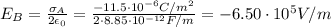 E_B = \frac{\sigma_A}{2\epsilon _0}= \frac{-11.5\cdot 10^{-6} C/m^2} {2\cdot 8.85\cdot 10^{-12} F/m} =-6.50\cdot 10^{5} V/m
