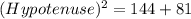 (Hypotenuse)^2=144+81
