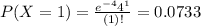 P(X = 1) = \frac{e^{-4}4^{1}}{(1)!} = 0.0733