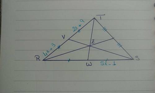 Zis centroid of triangle rst. what is rw, if rv=4x+3, ws=5x-1, and vt=2x+9?  x= ws= rw=