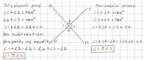 Amanda and stephen wrote the following proofs to prove that vertical angles are congruent. who is co