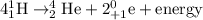 4_1^1\textrm{H}\rightarrow_2^4\textrm{He}+2_{+1}^0\textrm{e}+\text{energy}