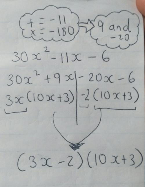 30x^2-11x-6  describe using the box method