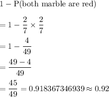1-\text{P(both marble are red)}\\\\=1-\dfrac{2}{7}\times\dfrac{2}{7}\\\\=1-\dfrac{4}{49}\\\\=\dfrac{49-4}{49}\\\\=\dfrac{45}{49}=0.918367346939\approx0.92
