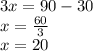 3x=90-30\\x=\frac{60}{3}\\ x=20