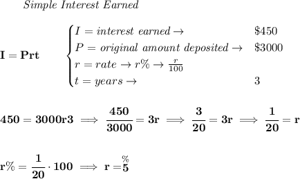 \bf ~~~~~~ \textit{Simple Interest Earned}\\\\&#10;I = Prt\qquad &#10;\begin{cases}&#10;I=\textit{interest earned}\to &\$450\\&#10;P=\textit{original amount deposited}\to& \$3000\\&#10;r=rate\to r\%\to \frac{r}{100}\\&#10;t=years\to &3&#10;\end{cases}&#10;\\\\\\&#10;450=3000r3\implies \cfrac{450}{3000}=3r\implies \cfrac{3}{20}=3r\implies \cfrac{1}{20}=r&#10;\\\\\\&#10;r\%=\cfrac{1}{20}\cdot 100\implies r=\stackrel{\%}{5}
