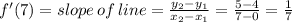 f'(7) = slope\, of\, line = \frac{y_2-y_1}{x_2-x_1} = \frac{5-4}{7-0}=\frac{1}{7}