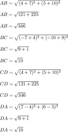 AB=\sqrt{(4+7)^2+(5+10)^2}\\\\AB=\sqrt{121+225}\\\\AB=\sqrt{346}\\\\BC=\sqrt{(-7+4)^2+(-10+9)^2}\\\\BC=\sqrt{9+1}\\\\BC=\sqrt{10}\\\\CD=\sqrt{(4+7)^2+(5+10)^2}\\\\CD=\sqrt{121+225}\\\\CD=\sqrt{346}\\\\DA=\sqrt{(7-4)^2+(6-5)^2}\\\\DA=\sqrt{9+1}\\\\DA=\sqrt{10}