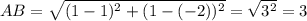 AB=\sqrt{(1-1)^2+(1-(-2))^2}=\sqrt{3^2}=3