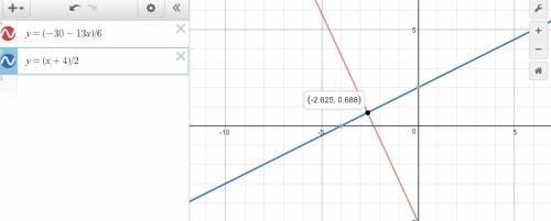 Use a graphing tool to solve the system. {13x+6y=−30x−2y=−4 which ordered pair is the best estimate