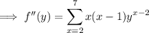 \implies f''(y)=\displaystyle\sum_{x=2}^7x(x-1)y^{x-2}