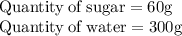 \rm Quantity \:of \: sugar=60g\\\rm Quantity \:of\:water=300g