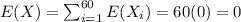 E(X)=\sum_{i=1}^{60}E(X_i)=60(0)=0