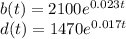 b(t) = 2100e^{0.023t}\\d(t) = 1470e^{0.017t}