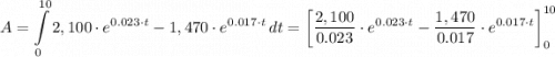 A = \displaystyle  \int\limits^{10}_0 {2,100 \cdot e^{0.023 \cdot t}-1,470\cdot e^{0.017 \cdot t}} \, dt = \left[\frac{2,100}{0.023}  \cdot e^{0.023 \cdot t} - \frac{1,470}{0.017} \cdot e^{0.017 \cdot t}\right]^{10}_0