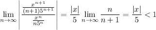 \displaystyle\lim_{n\to\infty}\left|\frac{\frac{x^{n+1}}{(n+1)5^{n+1}}}{\frac{x^n}{n5^n}}\right|=\frac{|x|}5\lim_{n\to\infty}\frac n{n+1}=\frac{|x|}5