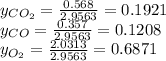 y_{CO_2}=\frac{0.568}{2.9563}=0.1921\\y_{CO}=\frac{0.357}{2.9563}=0.1208\\y_{O_2}=\frac{2.0313}{2.9563} =0.6871