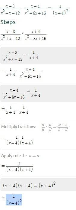 What is the simplified form of x minus 3 over x squared plus x minus 12 ⋅ x plus 4 over x squared pl