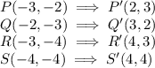 P(-3,-2) \implies P'(2,3)\\Q(-2,-3) \implies Q'(3, 2)\\R(-3,-4) \implies R'(4,3)\\S(-4,-4) \implies S'(4,4)