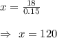 x=\frac{18}{0.15}\\\\\Rightarrow\ x=120