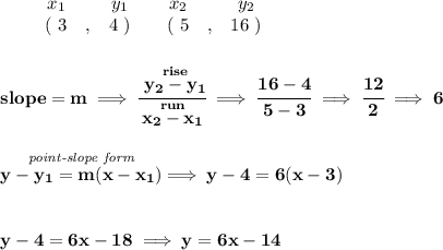 \bf \begin{array}{ccccccccc}&#10;&&x_1&&y_1&&x_2&&y_2\\&#10;%  (a,b)&#10;&&(~ 3 &,& 4~) &#10;%  (c,d)&#10;&&(~ 5 &,& 16~)&#10;\end{array}&#10;\\\\\\&#10;% slope  = m&#10;slope =  m\implies &#10;\cfrac{\stackrel{rise}{ y_2- y_1}}{\stackrel{run}{ x_2- x_1}}\implies \cfrac{16-4}{5-3}\implies \cfrac{12}{2}\implies 6&#10;\\\\\\&#10;% point-slope intercept&#10;\stackrel{\textit{point-slope form}}{y- y_1= m(x- x_1)}\implies y-4=6(x-3)&#10;\\\\\\&#10;y-4=6x-18\implies y=6x-14