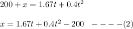 200+ x = 1.67t + 0.4t^2\\\\ x = 1.67t +0.4t^2 - 200 \ \ ----(2)