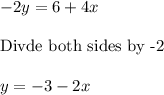 -2y=6+4x\\\\\text{Divde both sides by -2}\\\\y=-3-2x