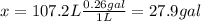 x=107.2L\frac{0.26gal}{1L} =27.9 gal