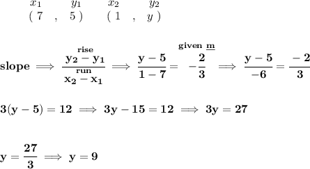 \bf \begin{array}{ccccccccc}&#10;&&x_1&&y_1&&x_2&&y_2\\&#10;%  (a,b)&#10;&&(~7 &,& 5~) &#10;%  (c,d)&#10;&&(~ 1 &,& y~)&#10;\end{array}&#10;\\\\\\&#10;% slope  = m&#10;slope\implies &#10;\cfrac{\stackrel{rise}{ y_2- y_1}}{\stackrel{run}{ x_2- x_1}}\implies \cfrac{y-5}{1-7}=\stackrel{given~\underline{m}}{-\cfrac{2}{3}}\implies \cfrac{y-5}{-6}=\cfrac{-2}{3}&#10;\\\\\\&#10;3(y-5)=12\implies 3y-15=12\implies 3y=27&#10;\\\\\\&#10;y=\cfrac{27}{3}\implies y=9