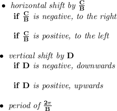 \bf \bullet \textit{ horizontal shift by }\frac{  C}{  B}\\&#10;~~~~~~if\ \frac{  C}{  B}\textit{ is negative, to the right}\\\\&#10;~~~~~~if\ \frac{  C}{  B}\textit{ is positive, to the left}\\\\&#10;\bullet \textit{ vertical shift by }  D\\&#10;~~~~~~if\   D\textit{ is negative, downwards}\\\\&#10;~~~~~~if\   D\textit{ is positive, upwards}\\\\&#10;\bullet \textit{ period of }\frac{2\pi }{  B}