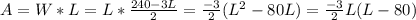 A=W*L=L*\frac{240-3L}{2}=\frac{-3}{2}(L^2-80L)=\frac{-3}{2}L(L-80)