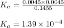 K_{a}=\frac{0.0045\times 0.0045}{0.1455}\\\\K_{a}=1.39\times 10^{-4}
