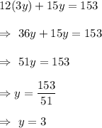 12(3y)+15y=153\\\\\Rightarrow\ 36y+15y=153\\\\\Rightarrow\ 51y=153\\\\\Rightarrow y=\dfrac{153}{51}\\\\\Rightarrow\ y=3