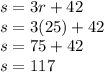 s = 3r + 42 \\ s = 3(25) + 42 \\ s = 75 + 42 \\ s = 117