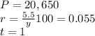 P=20,650\\ r=\frac{5.5}{y}100=0.055\\ t=1