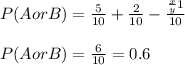 P(A or B)=\frac{5}{10} +\frac{2}{10} -\frac{\frac{x}{y} 1}{10} \\\\P(A or B)=\frac{6}{10} =0.6