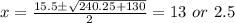 x=\frac{15.5\pm \sqrt{240.25+130}}{2}=13\ or\ 2.5