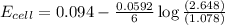 E_{cell}=0.094-\frac{0.0592}{6}\log \frac{(2.648)}{(1.078)}