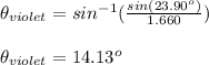 \theta _{violet}=sin^{-1}(\frac{sin(23.90^{o})}{1.660})\\\\\theta _{violet}=14.13^{o}