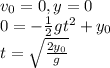 v_0 = 0, y = 0\\0=- \frac{1}{2} gt^2 + y_0\\ t = \sqrt{\frac{2y_0}{g}}