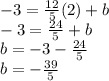 -3 = \frac {12} {5} (2) + b\\-3 = \frac {24} {5} + b\\b = -3- \frac {24} {5}\\b = - \frac {39} {5}