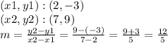 (x1, y1) :( 2, -3)\\(x2, y2) :( 7,9)\\m = \frac {y2-y1} {x2-x1} = \frac {9 - (- 3)} {7-2} = \frac {9 + 3} {5} = \frac {12} {5}