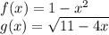 f(x)=1-x^2\\g(x)=\sqrt{11-4x}