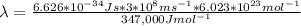 \lambda =\frac{6.626*10^{-34}Js*3*10^{8}ms^{-1}*6.023*10^{23}mol^{-1}}{347,000Jmol^{-1}}