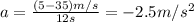 a=\frac{(5-35)m/s}{12s}=-2.5m/s^2