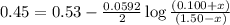 0.45=0.53-\frac{0.0592}{2}\log \frac{(0.100+x)}{(1.50-x)}